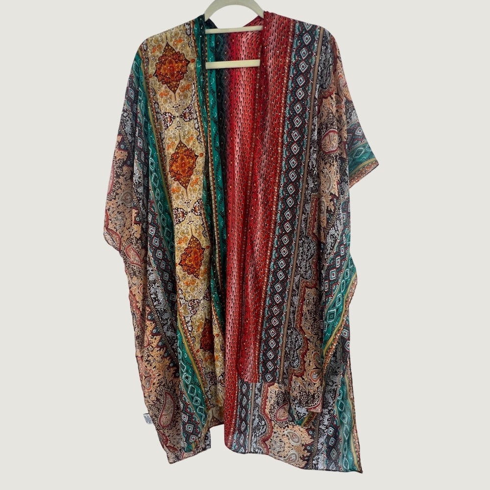 Jessica McClintock Womens Boho Paisley‎ Geometric Sheer Kimono Wrap Cover Up Red
